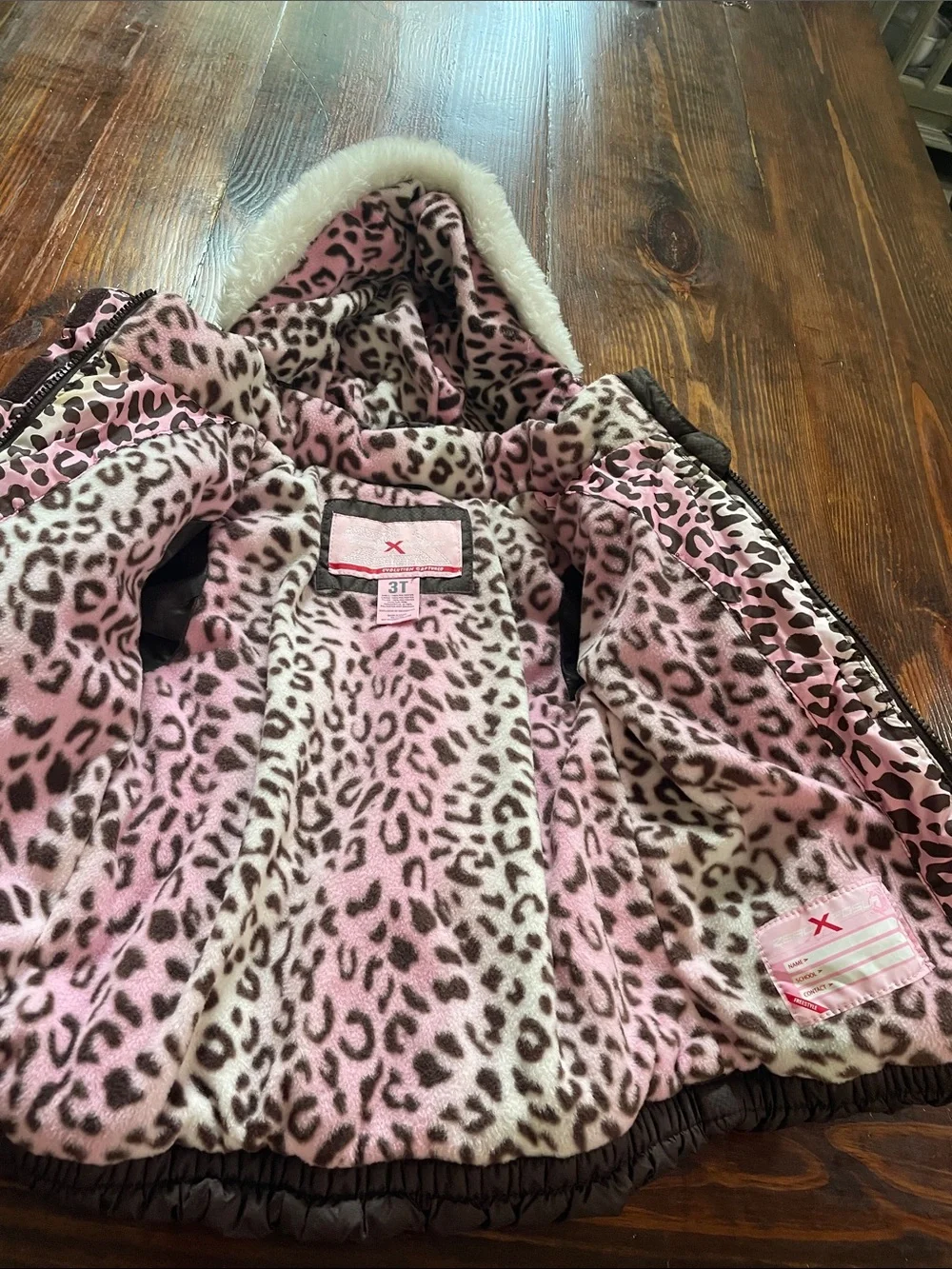 ZeroXposur Girls Brown Puffer Coat with Pink Leopard Hood Lining